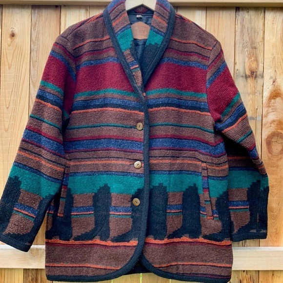 WOOLRICH Vintage Wool Aztec Western Boots Button Down Winter Coat Jacket Large - Picture 3 of 13